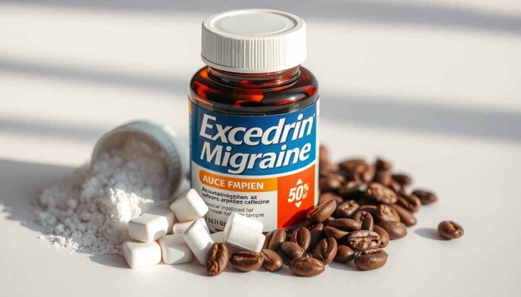 A close-up composition featuring a sleek, modern pill bottle of Excedrin Migraine surrounded by its key ingredients: acetaminophen, aspirin, and caffeine.