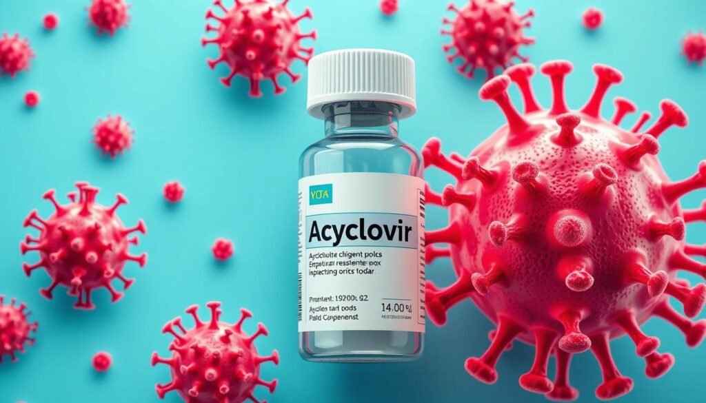 Acyclovir medication bottle : drug against chickenpox surrounded by chickenpox virus illustrations, vibrant colors, scientific details, clean and modern design, with a focus on medical efficacy and treatment representation.