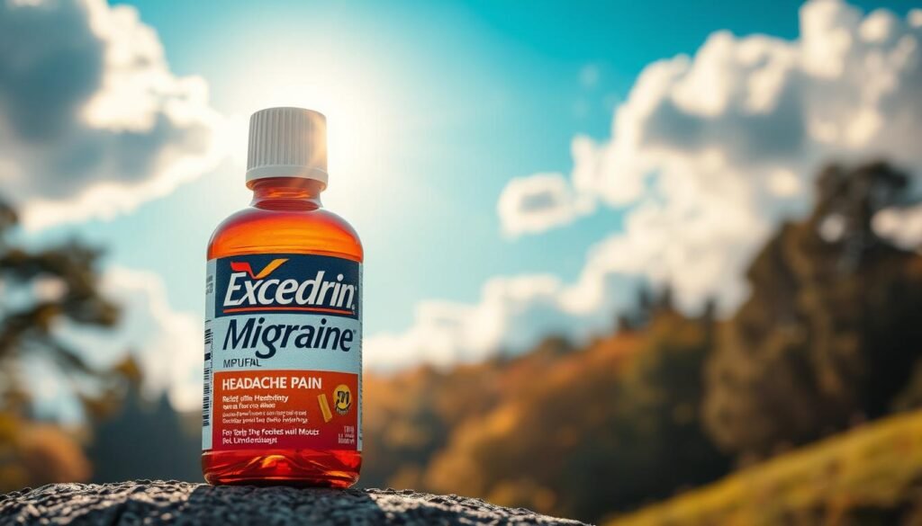 A vibrant, visually striking image of a bottle of Excedrin Migraine surrounded by a serene and calming landscape, featuring soft clouds and gentle sunlight filtering through trees, symbolizing relief from headache pain.