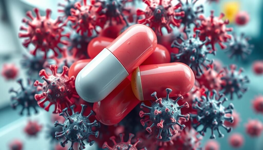 A vibrant depiction of valacyclovir capsules surrounded by an array of colorful, stylized chickenpox viruses