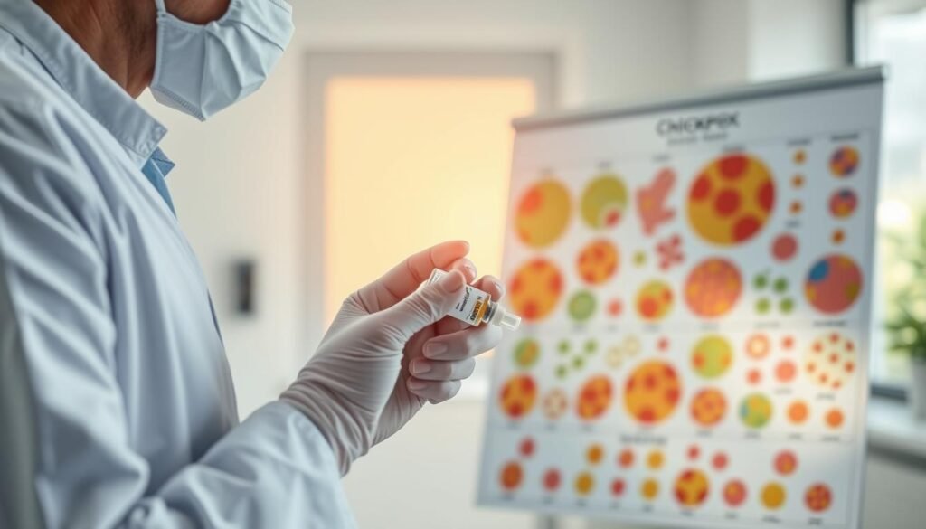 A serene and bright clinical setting with a close-up of a medical professional preparing a dose of medication for chickenpox