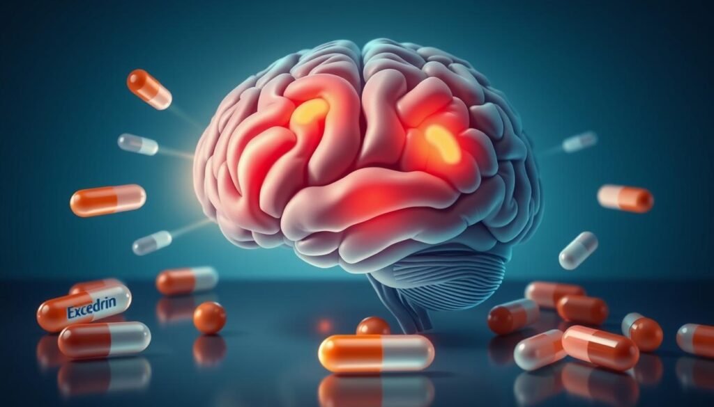 A close-up illustration of a human brain with highlighted areas representing pain, surrounded by capsules of Excedrin Migraine. Visualize the capsules dissolving and releasing soothing waves of relief