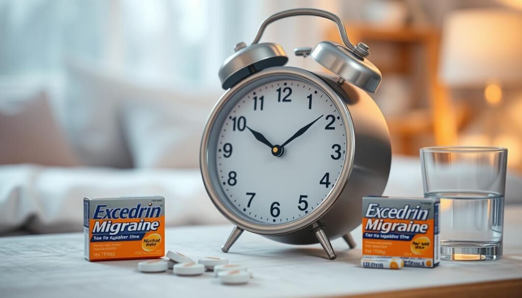 A serene and soothing scene depicting a clock with soft, calming colors, surrounded by illustrations of Excedrin Migraine tablets, a glass of water, and a blurred background of a peaceful room setting. 