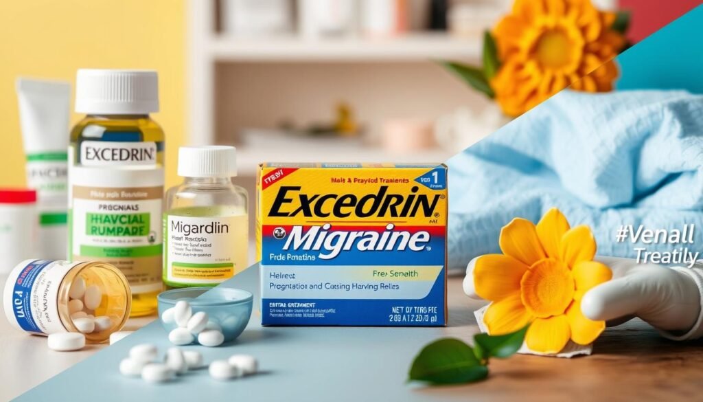 A visually divided scene showcasing various migraine treatments, featuring Excedrin Migraine prominently in one section, surrounded by other treatments like prescription medications, herbal remedies, and cold packs.