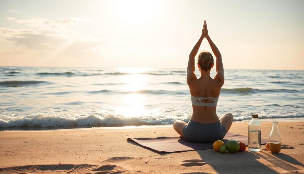 A serene landscape depicting a peaceful morning scene, featuring a person practicing yoga on a tranquil beach, surrounded by soft waves and gentle sunlight, with calming elements like essential oils, fresh fruits, and a water bottle nearby, conveying a sense of relaxation and migraine prevention.