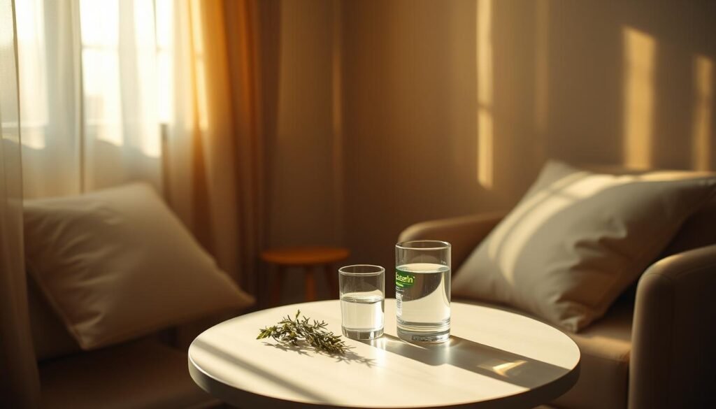 A soothing image of a tranquil environment featuring a warm, dimly lit room with a comfortable chair and soft pillows. In the center, a small, inviting table holds a bottle of Excedrin Migraine surrounded by a few fresh herbs