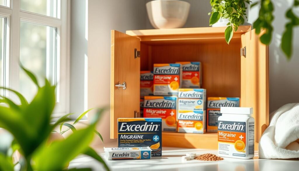 A serene and tranquil setting featuring an open medicine cabinet displaying Excedrin Migraine boxes, surrounded by natural elements like soft green plants and gentle sunlight filtering through a window,