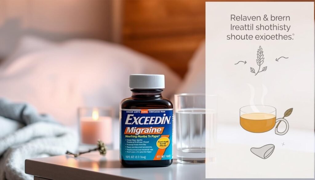 A serene, cozy setting featuring a sleek bottle of Excedrin Migraine placed on a bedside table next to a glass of water, soft lighting illuminating a comfortable pillow and blanket in the background, an illustration of calming elements like a candle and soothing herbal tea, with gentle colors emphasizing relaxation and relief.