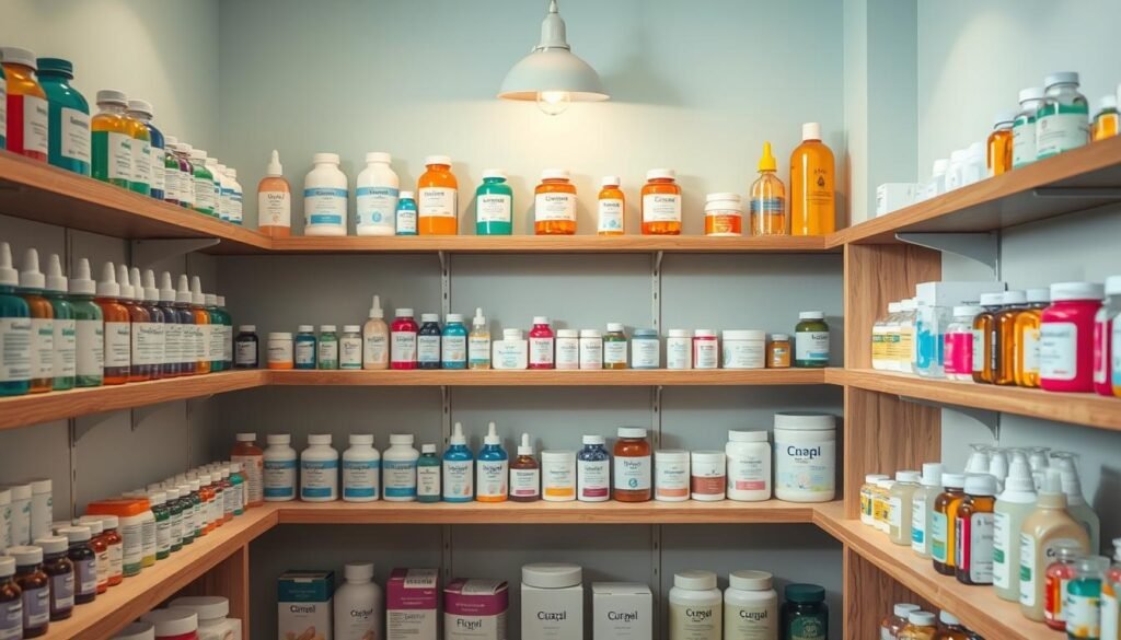 A serene and well-lit pharmacy interior showcasing various chickenpox treatment options, with colorful medicine bottles, soothing creams, and natural remedies arranged neatly on wooden shelves