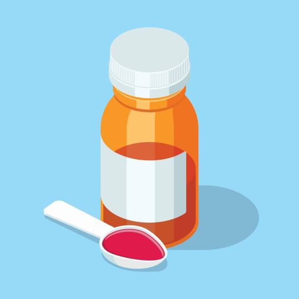 Cough syrup, cough drops Medical mixture in spoon and bottle. Isometric vector illustration