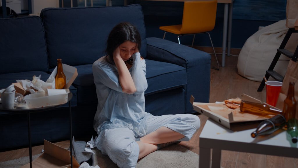Sad hopeless young woman sitting alone home having chronic stress