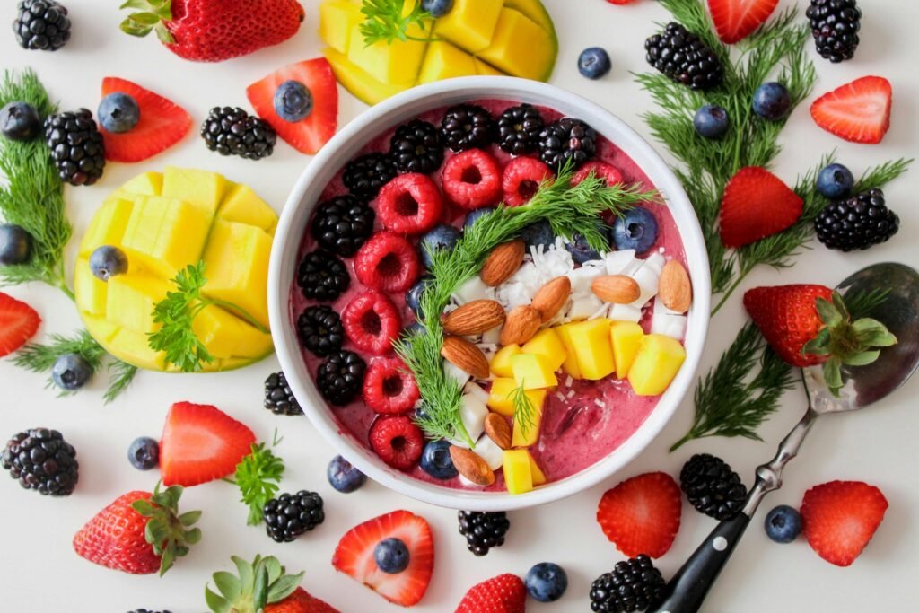 Superfoods in a bowl and in surrounding
